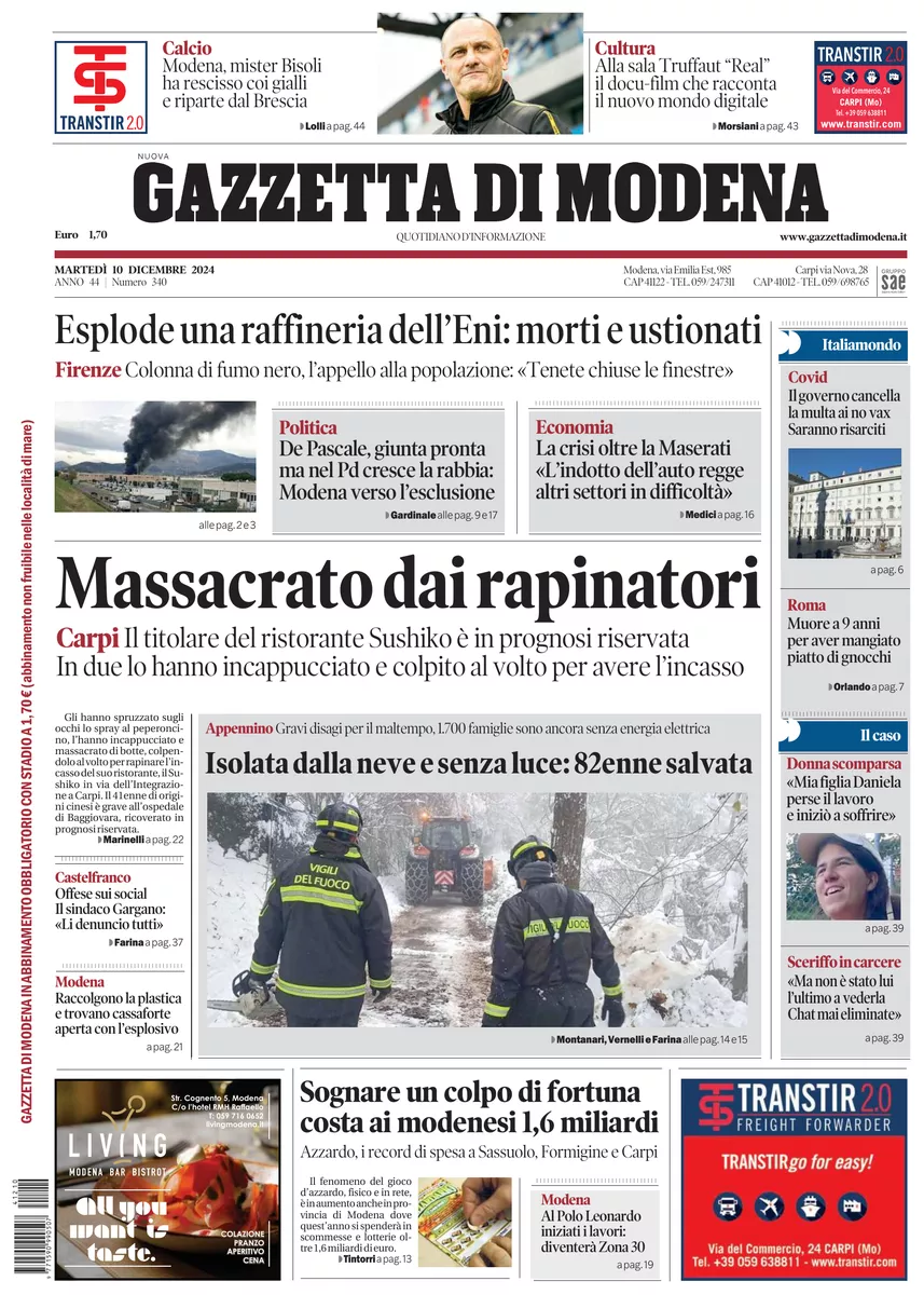 Prima-pagina-gazzetta di modena-oggi-edizione-del-2024-12-10